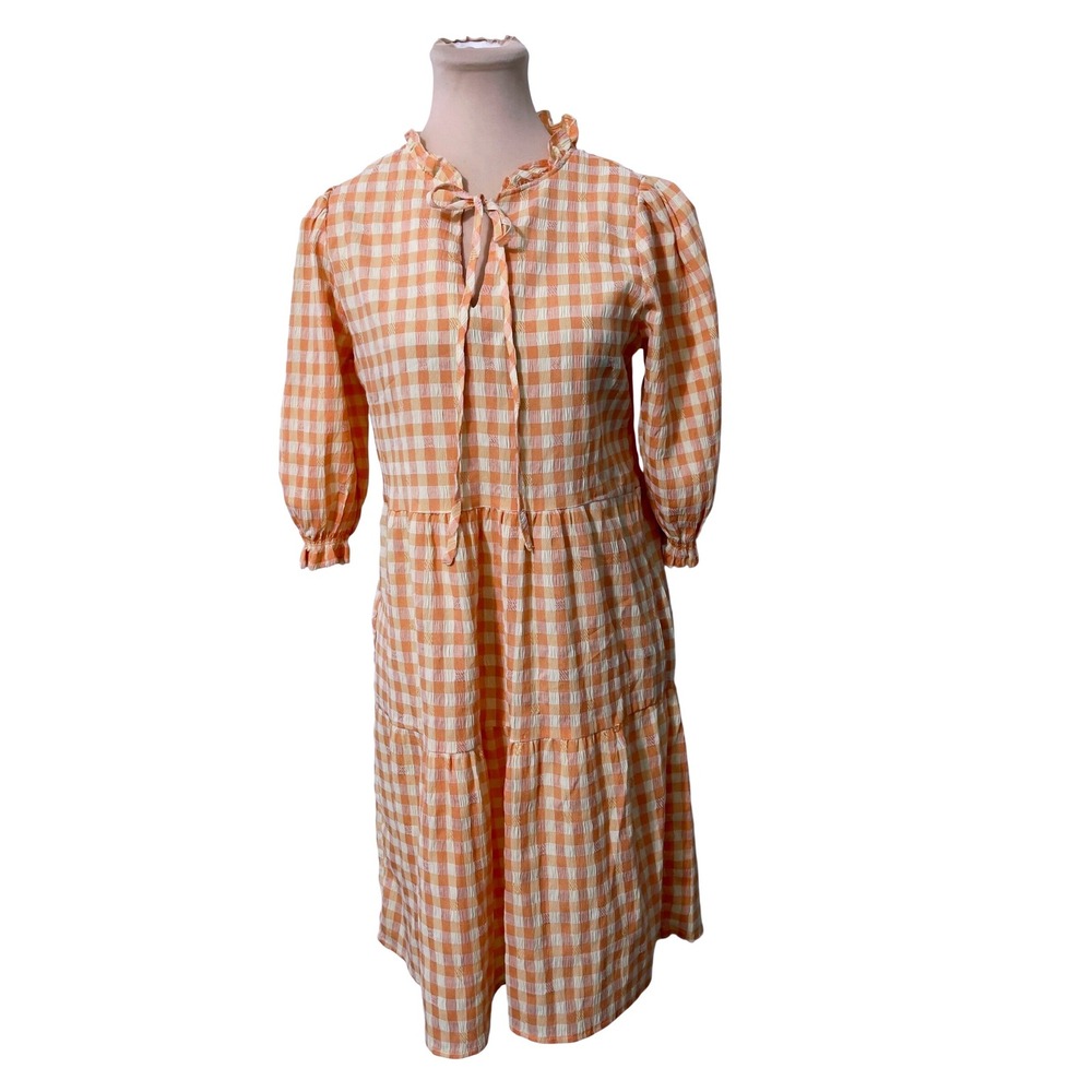 Nanette Lepore Women Gingham Tiered Midi Dress 6 Orange Checkered Ruffle Tie